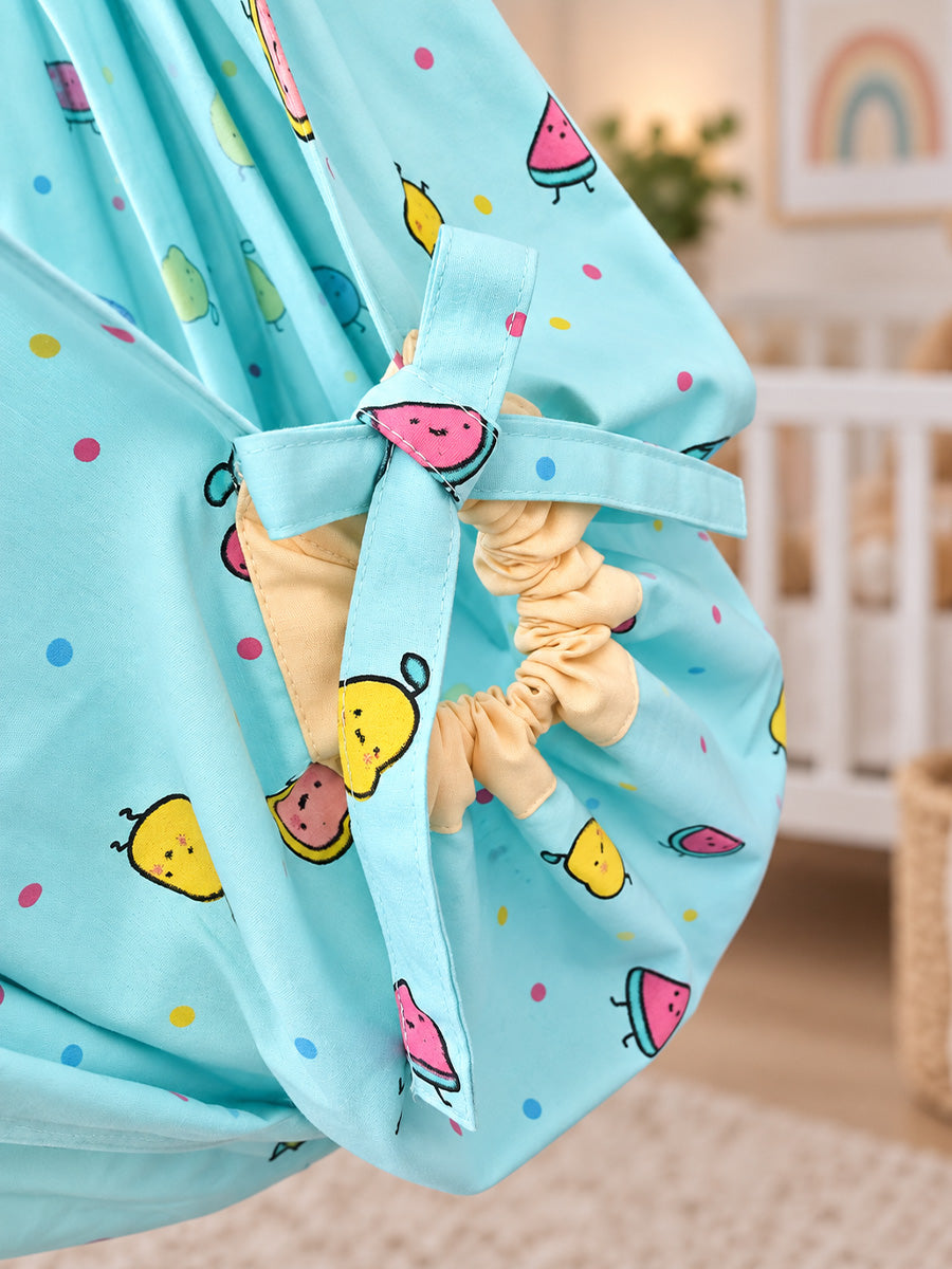 Ziva Baby Cradle – Fruity Friends Cream | Premium Cotton Cloth Cradle with Aqua Blue Mosquito Net, Hanger & S-Hook