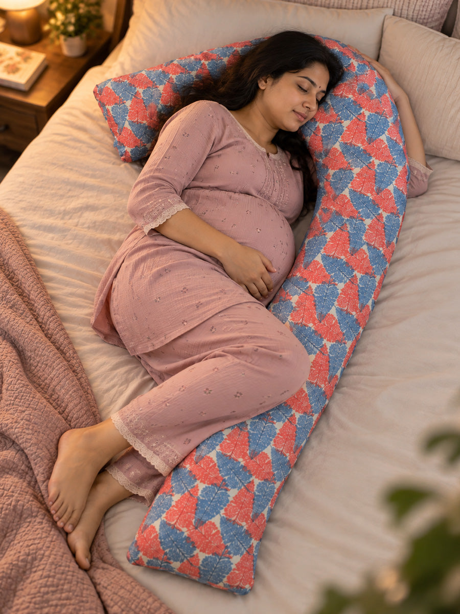 Ziva Multipurpose Pregnancy Pillow / Maternity Pillow / Body Pillow – 7 Shape (J Shape) – Red & Blue Leaf Print | 100% Cotton