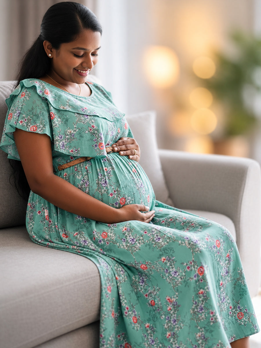 Ziva Light Blush Pink Floral Ruffle Overlay Maternity & Feeding Dress with Concealed Dual Zips, Belt & Pockets
