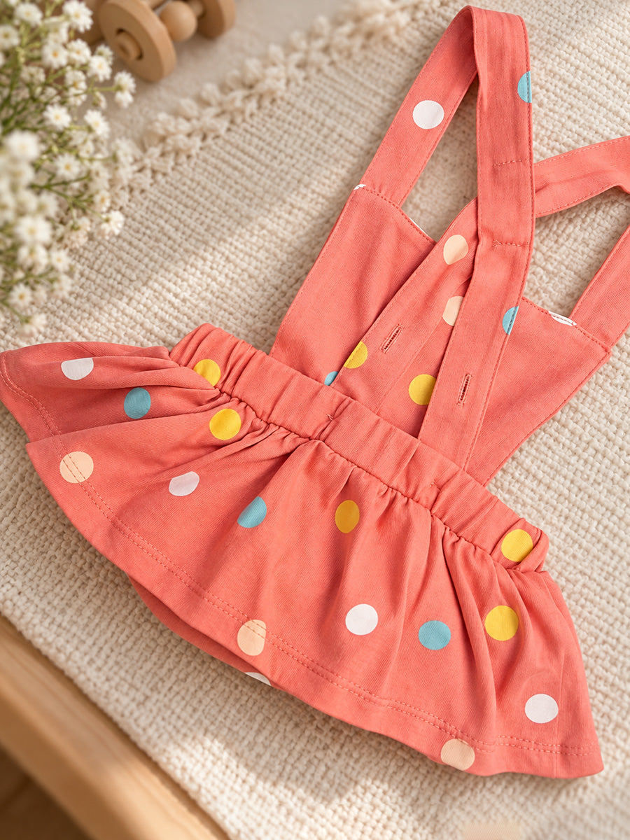 Baby Knitted Cotton Pinafore Romper Set – Coral Multicolour Polka Dot | Inner Top & Hairband | Newborn to 9–12 Months