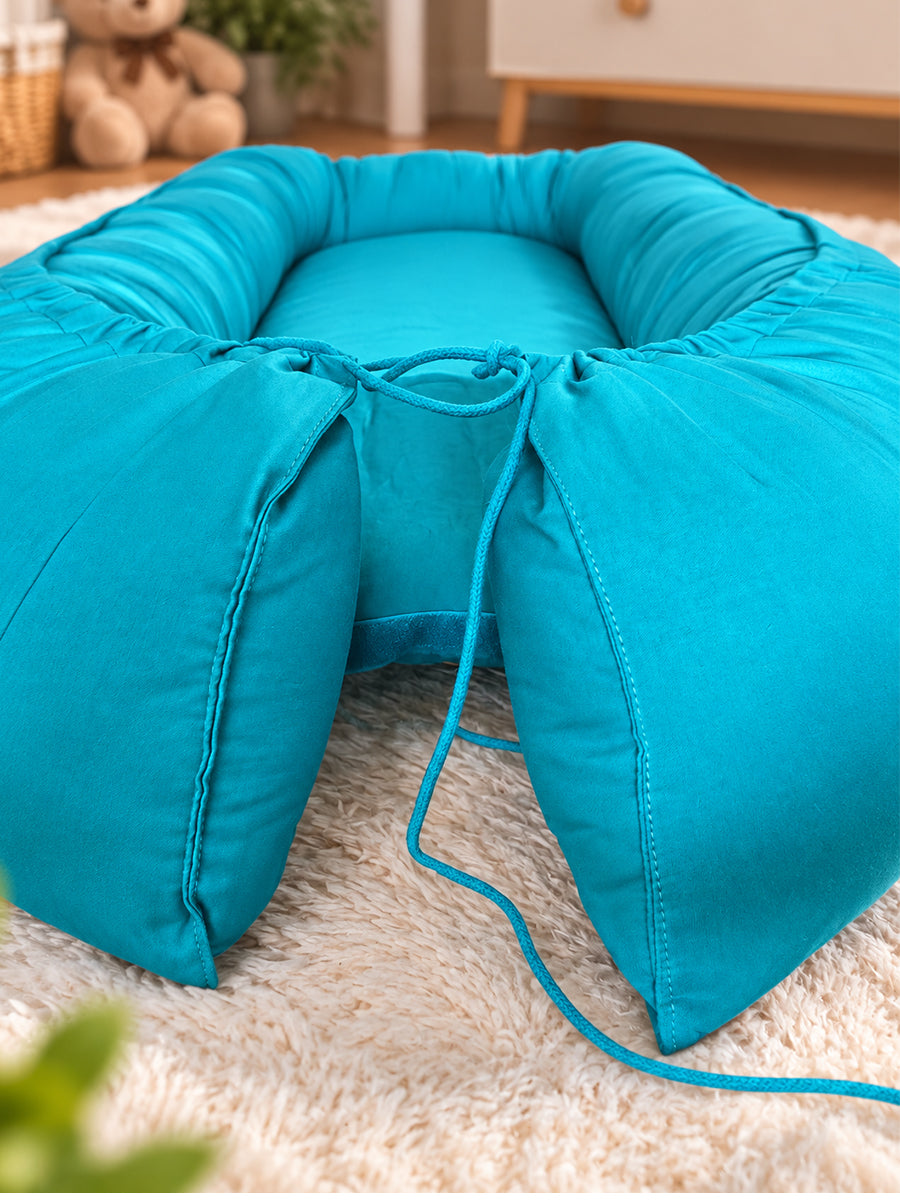 Premium Organic Cotton Multipurpose Baby Nest –  Newborn Baby Lounger & Baby Bed | Turquoise Blue | Ziva Collected | Carefully Selected for Your Little One
