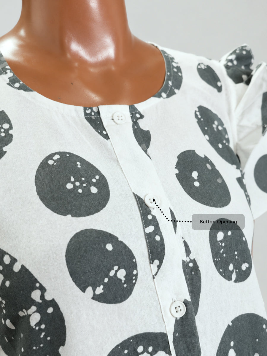 Ziva Maternity & Feeding Cotton Full-Open Short Nighty with Side Pocket – Dark Grey & Off White Irregular Spot Print