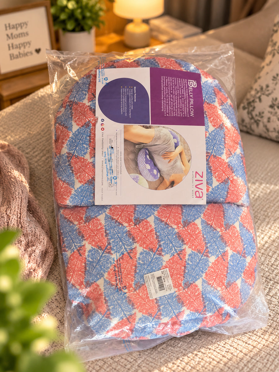 Ziva Multipurpose Belly Pillow / Butterfly Pregnancy Pillow / Maternity Pillow – Dual Back & Belly Support – Red & Blue Leaf Print | 100% Cotton
