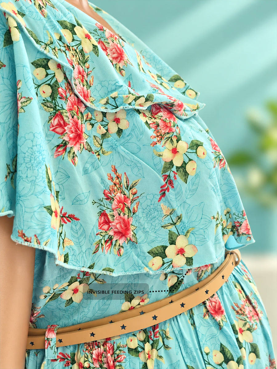 Ziva Maternity & Feeding Ruffle Overlay Dress with Concealed Zips & Pockets | Soft Aqua Blue Floral