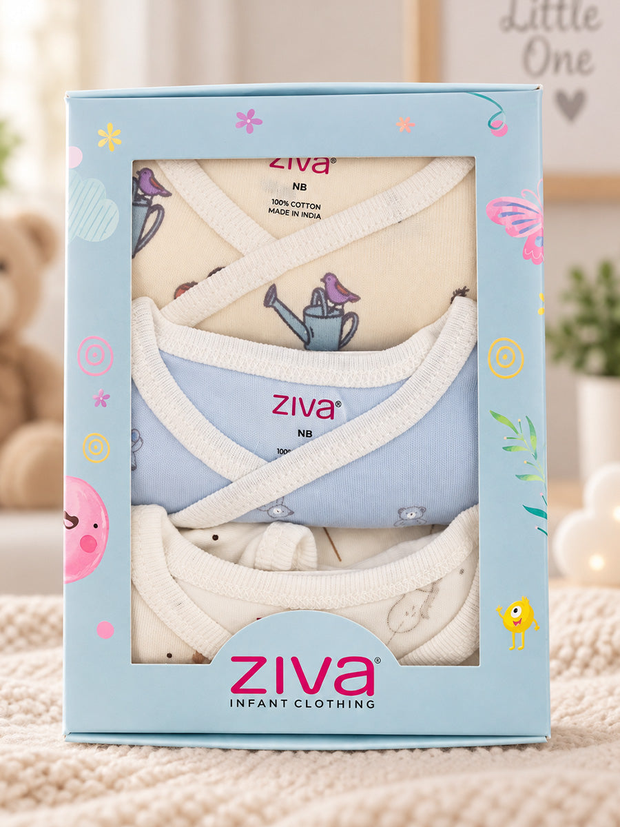 Ziva Baby Premium Knitted Cotton Overlap Romper – Pack of 3 | Baby Blue Teddy Bear, Cream Tiny Mouse & Garden Vegetable Assorted Prints