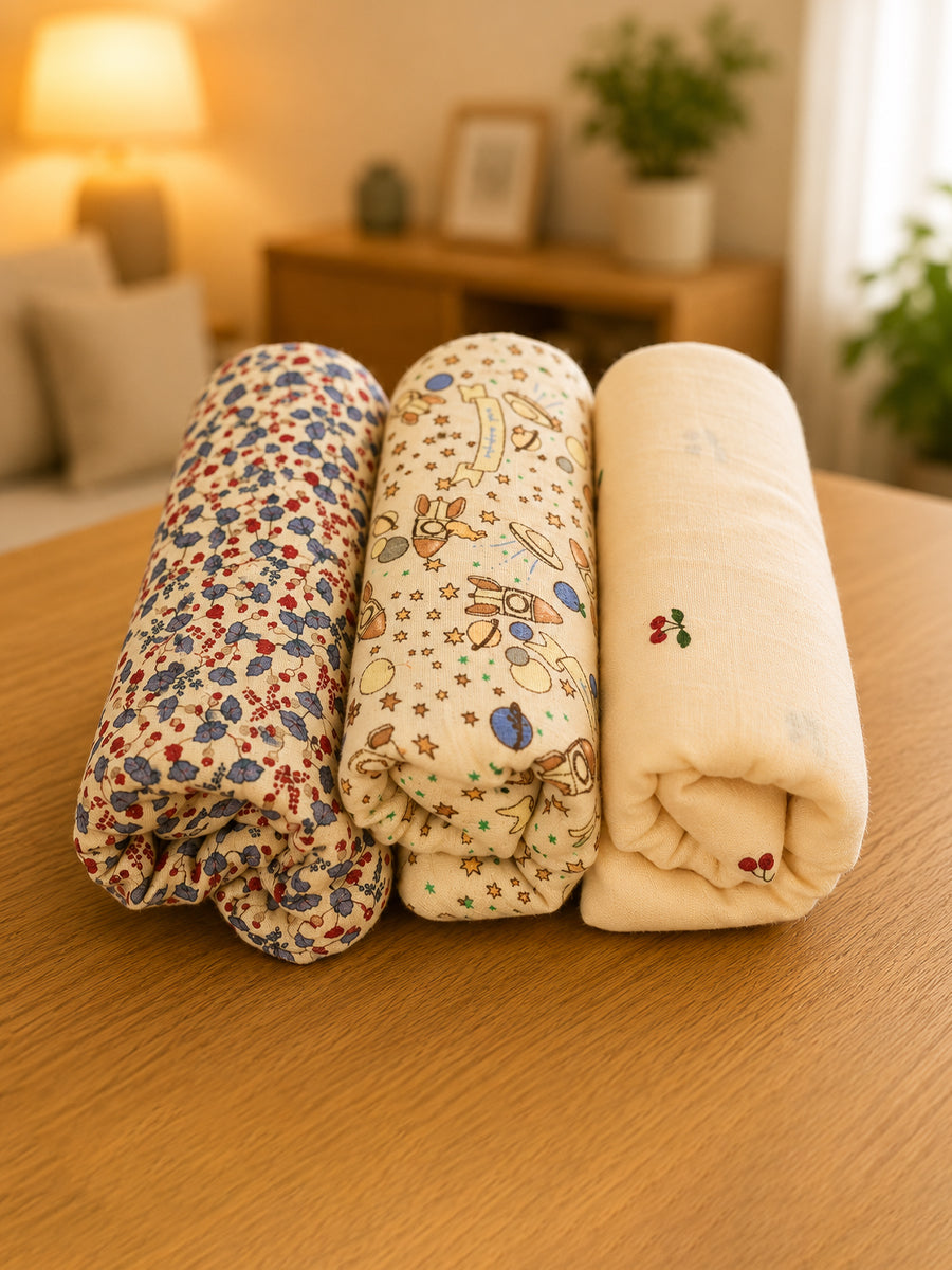 Ziva Premium Cotton Muslin Cloth – 3 Pieces | 100 × 100 cm Extra Large | Soft, Breathable & Multipurpose | Assorted Prints | Print Included: Small Cherry
