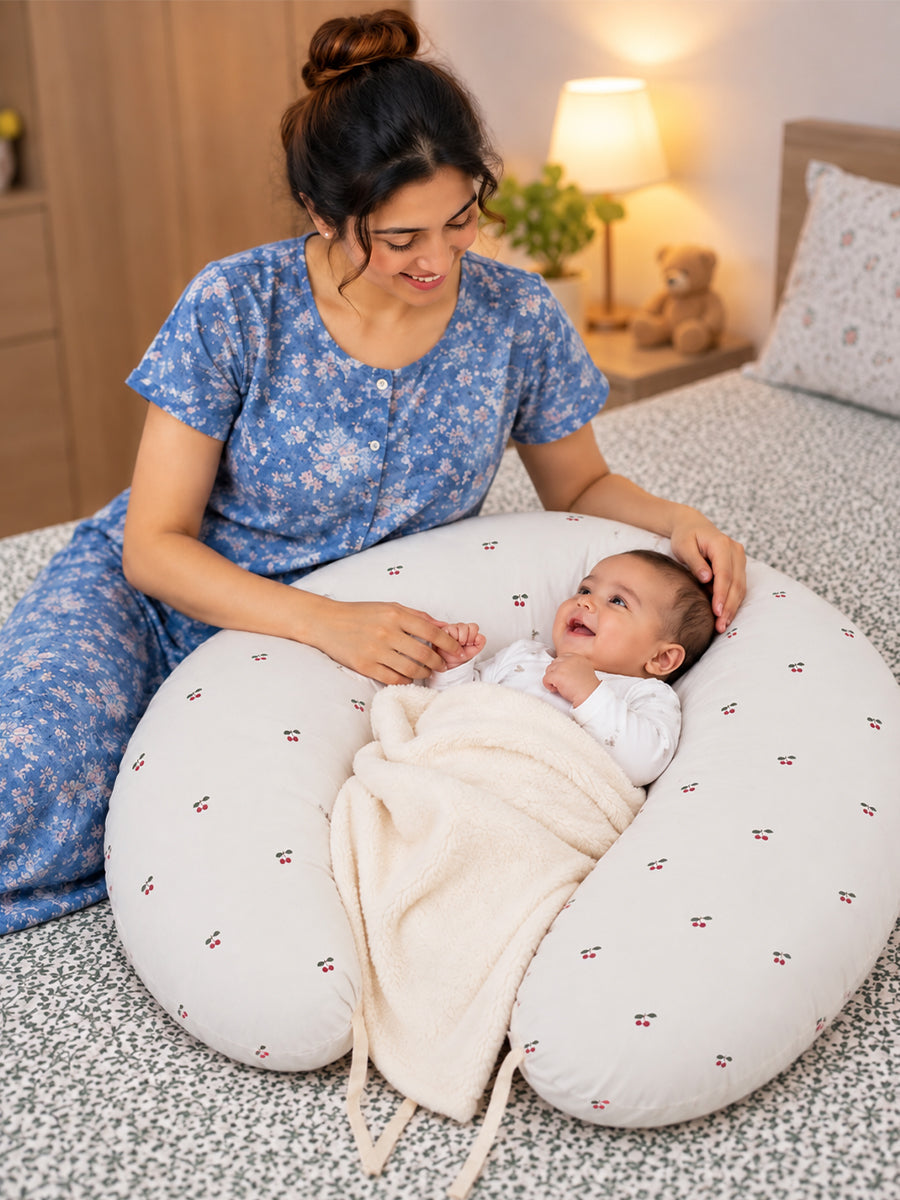 Ziva Multipurpose Feeding Pillow – Premium Organic Cotton | Soft Cream with Tiny Cherry Print | Removable & Washable Cover