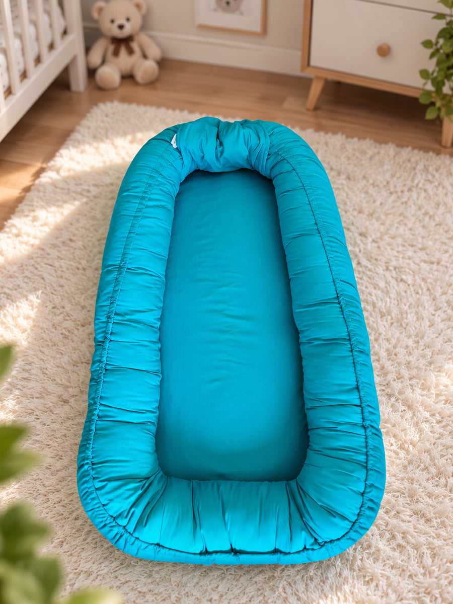 Premium Organic Cotton Multipurpose Baby Nest –  Newborn Baby Lounger & Baby Bed | Turquoise Blue | Ziva Collected | Carefully Selected for Your Little One