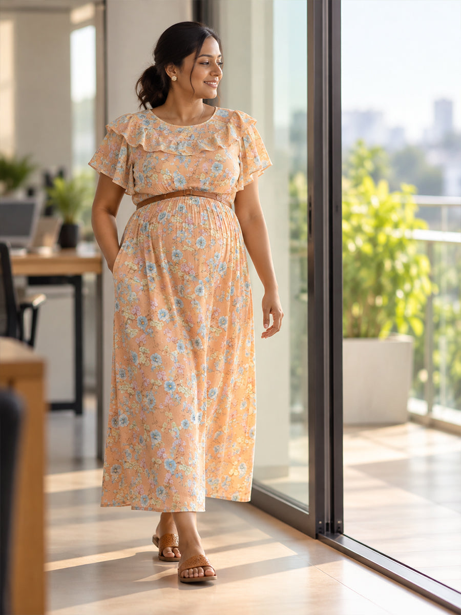 Ziva Light Orange Floral Ruffle Overlay Maternity & Feeding Dress with Concealed Dual Zips, Belt & Pockets