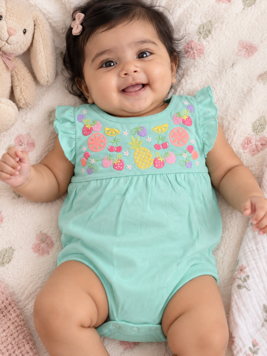 Baby Girls Knitted Cotton Fruit Embroidery Romper – Mint Green | Flutter Sleeves | Bottom Press-Button Opening |Ziva Collected | Carefully Selected for Your Little One
