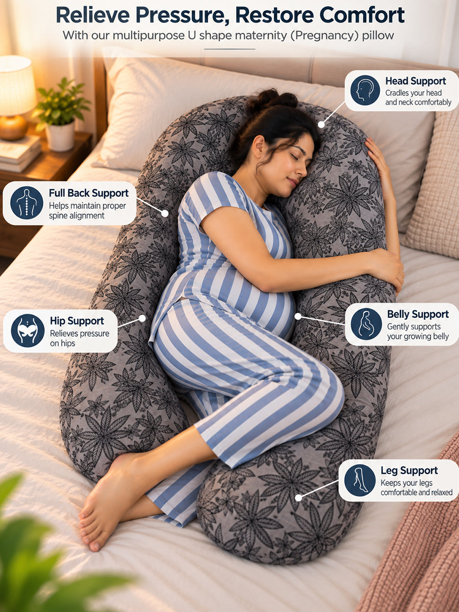 Ziva Multipurpose Pregnancy Pillow / Maternity Pillow / Body Pillow – U Shape – Grey & Black Botanical Leaf Print | Velvet Fabric