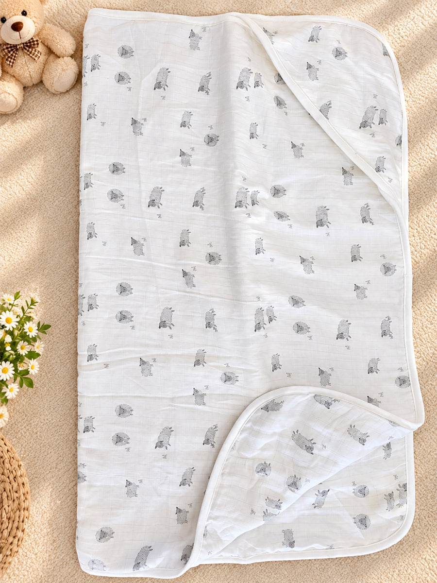Ziva Premium Muslin Hooded Towel – Double Layer Muslin with Soft Fleece Core | Grey Hedgehog Print