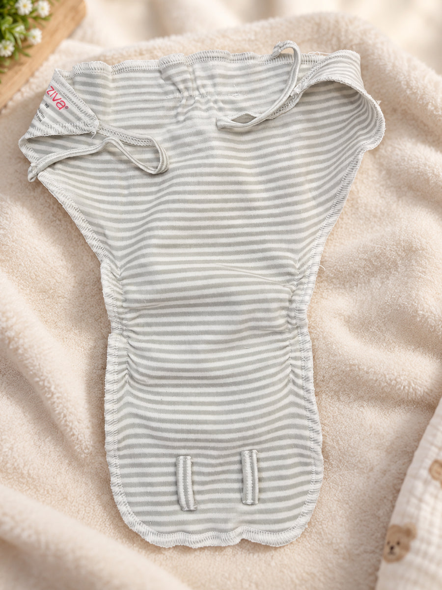 Ziva Newborn Knitted Cotton Front Open Tie Jabla with Light Padded Tie Nappy – Pastel Green Stripe | 1 Jabla + 1 Nappy