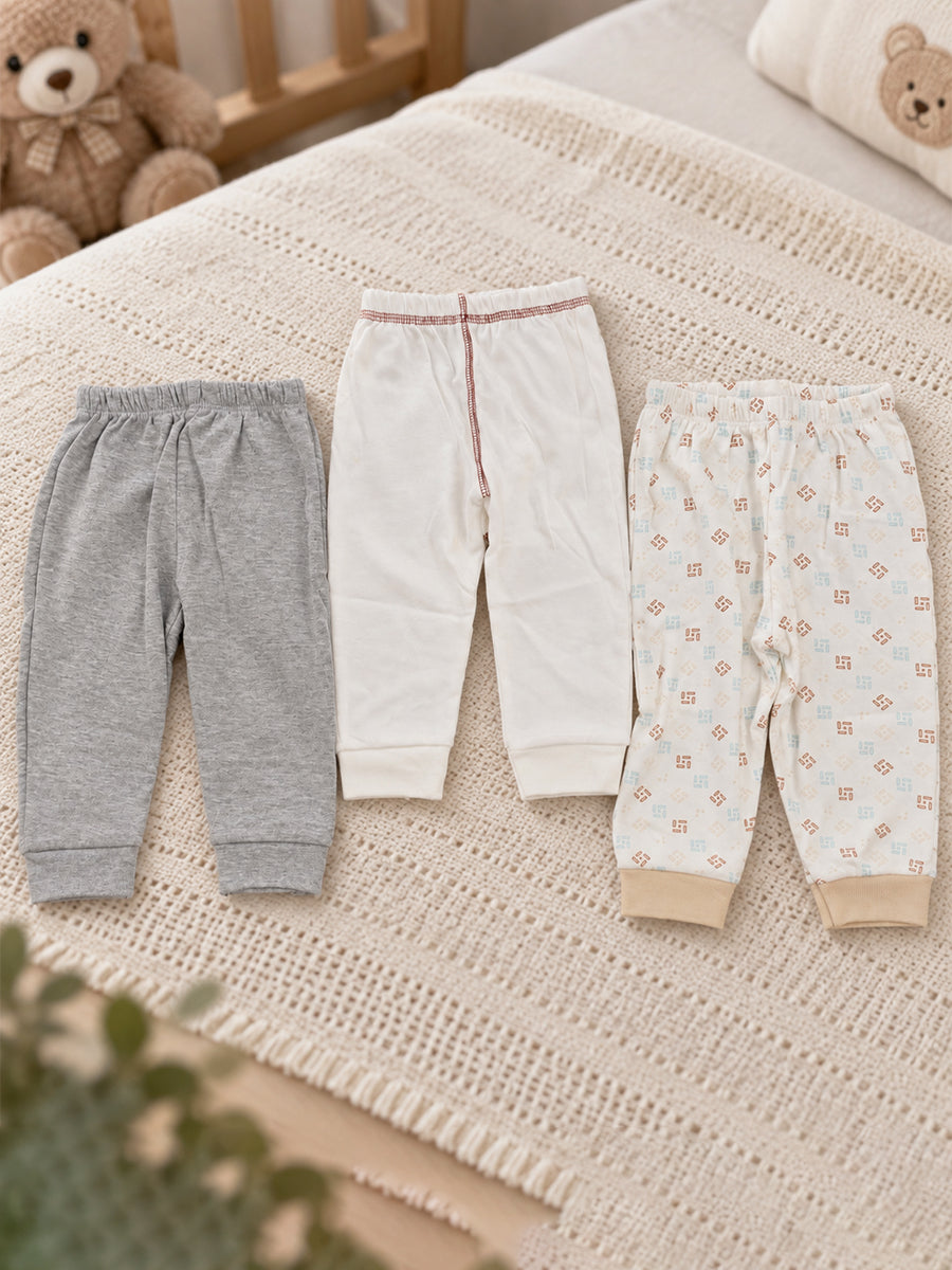 Baby Knitted Cotton Pants Combo – Pack of 3 | Grey, Off-White & Assorted Geometric Print | 6–9 Months | Ziva Collected | Carefully Selected for Your Little One