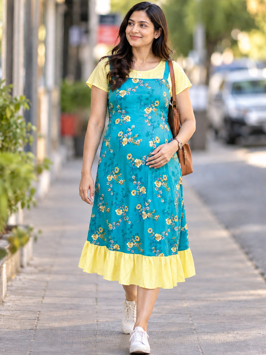 Ziva Maternity & Feeding Dungaree-Style Dress with Concealed Feeding Zips | Teal Blue Floral & Soft Lemon Yellow