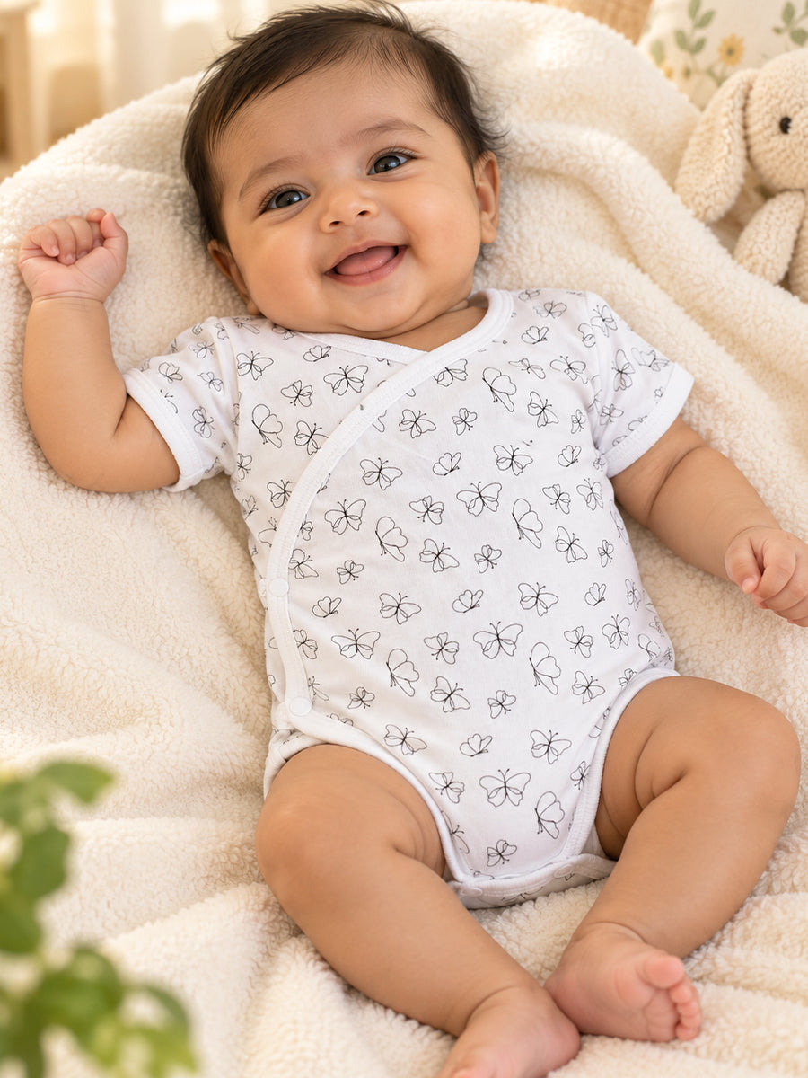 Ziva Baby Romper – Premium Knitted Cotton Overlap Style – Pack of 3 | Ivory Butterfly, White Pink Floral & Blush Pink Mini Floral Assorted Prints