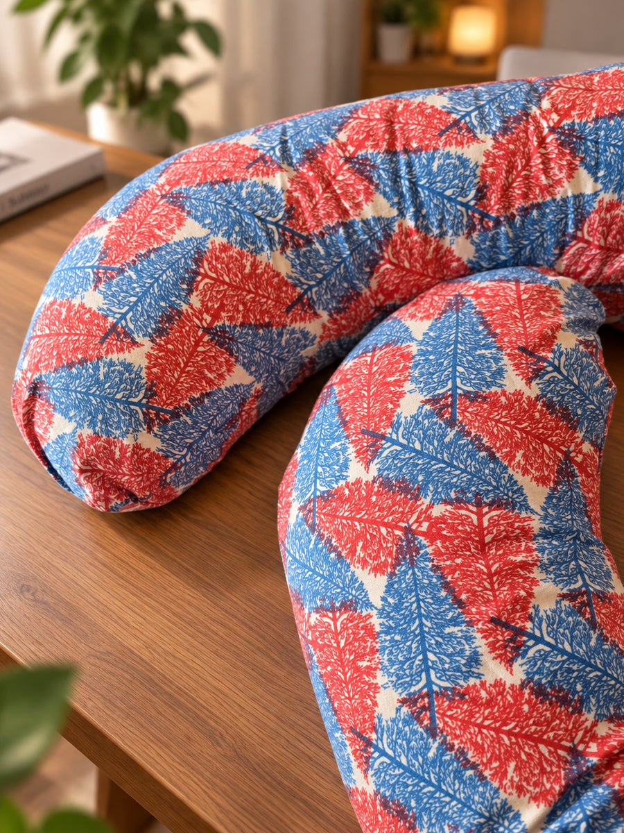 Ziva Multipurpose Pregnancy Pillow / Maternity Pillow / Body Pillow – 9 Shape (C Shape) – Red & Blue Botanical Print | 100% Cotton