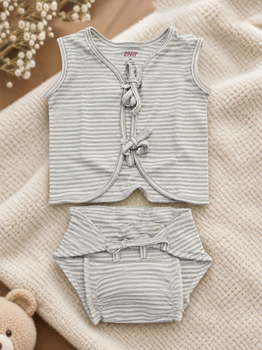 Ziva Newborn Knitted Cotton Front Open Tie Jabla with Light Padded Tie Nappy – Pastel Green Stripe | 1 Jabla + 1 Nappy