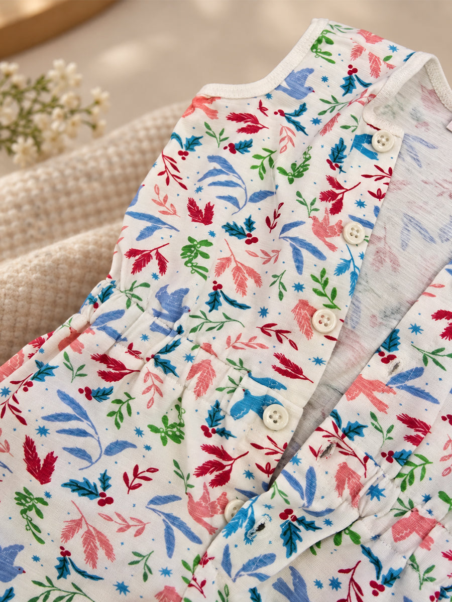 Ziva Baby Playsuit Romper – Multicolour Botanical Bird Print | Knitted Cotton | Sleeveless | Full Front Button Open