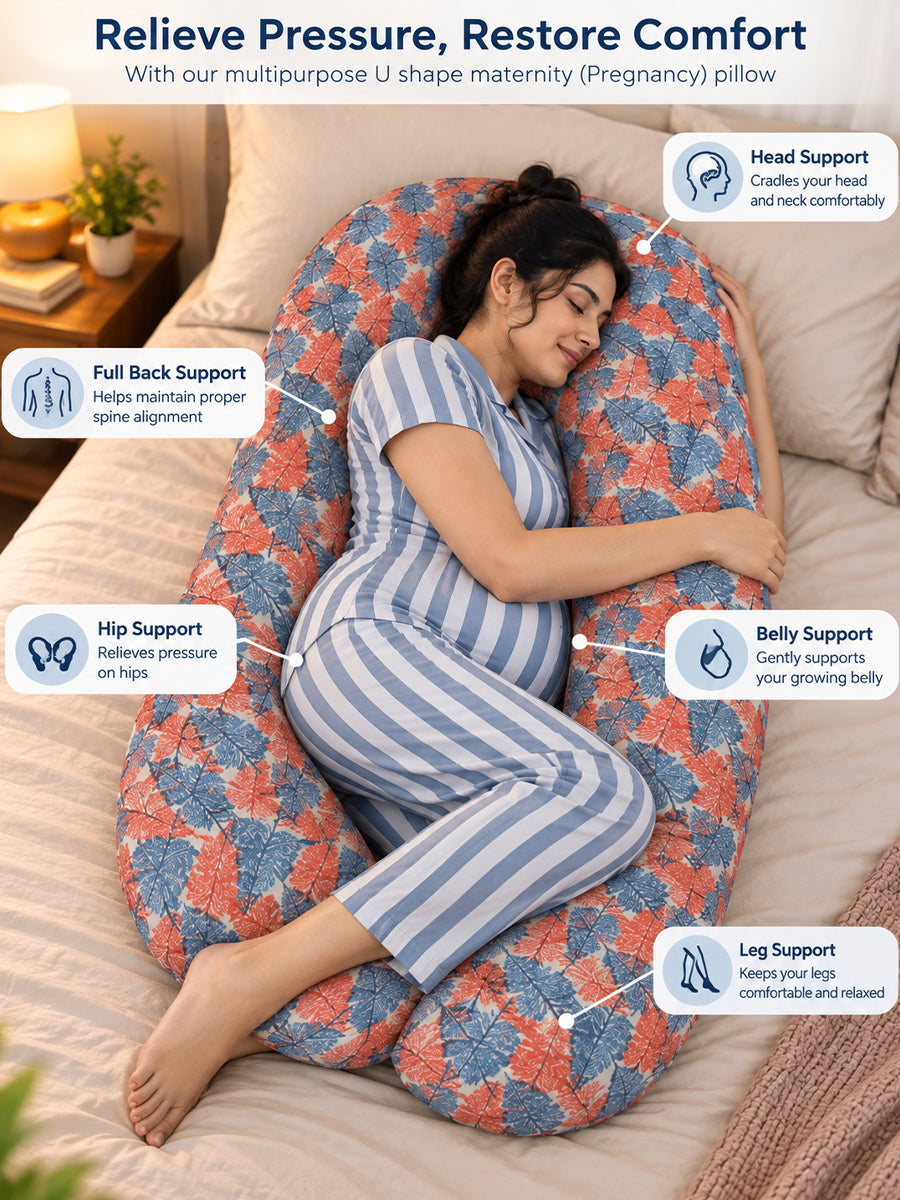 Ziva Multipurpose Pregnancy Pillow / Maternity Pillow / Body Pillow – U Shape – Red & Blue Leaf Print | 100% Cotton