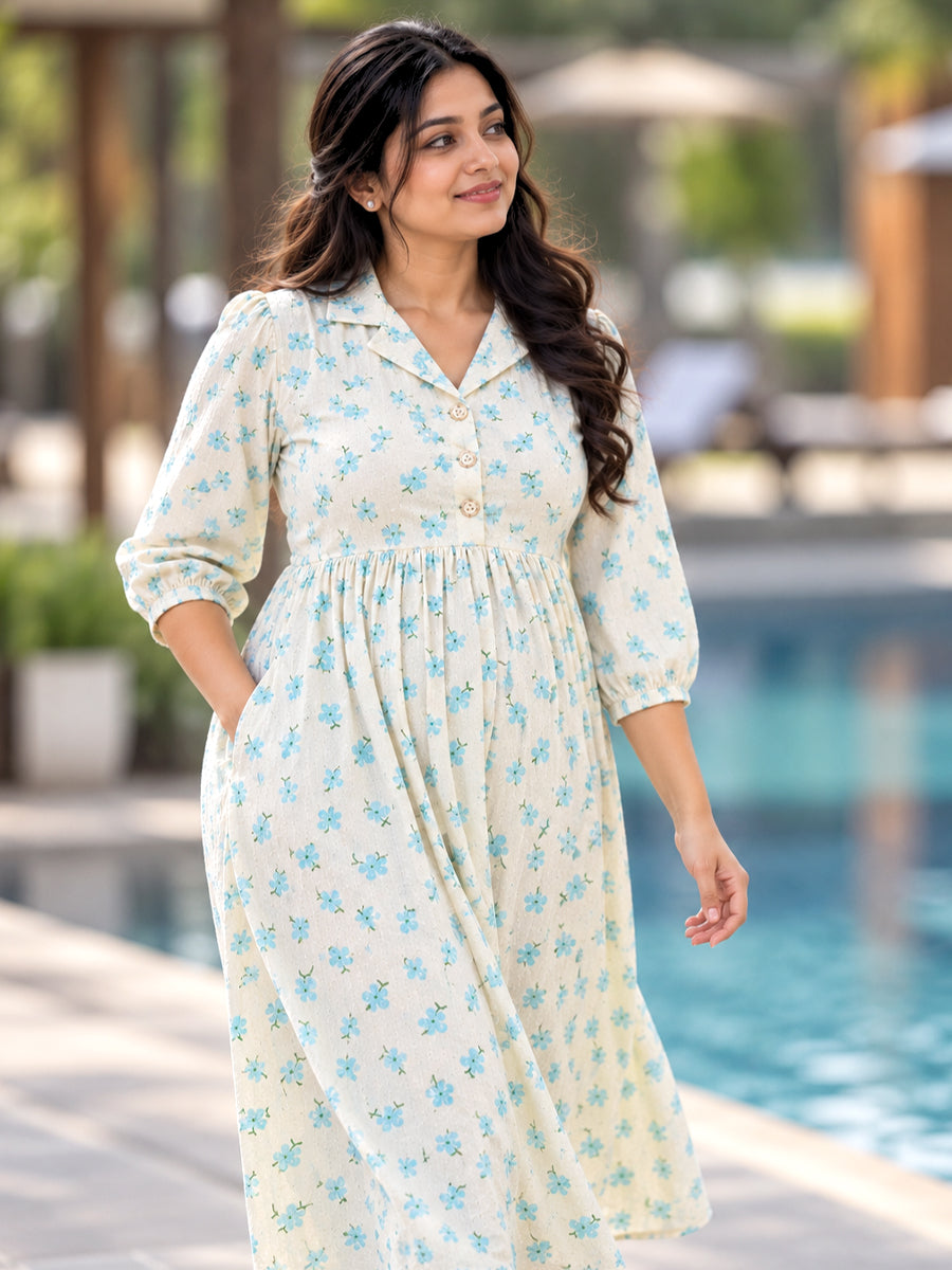 Ziva Premium Cotton Seersucker Maternity & Feeding Dress with Notched Collar, Concealed Zips & Side Pocket | Soft Cream Aqua Blue Floral