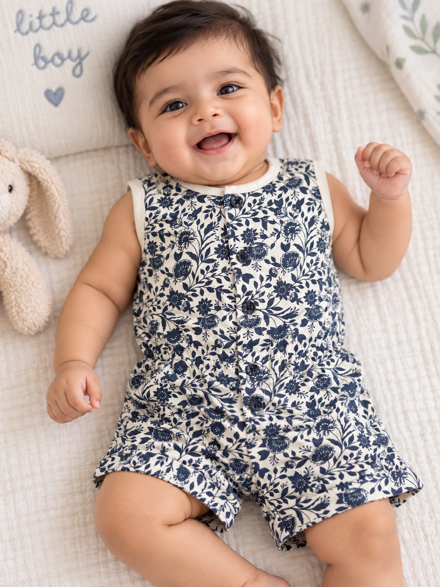 Ziva Baby Playsuit Romper – Blue Tropical Leaf Print | Knitted Cotton | Front Button Open | Elasticated Waist