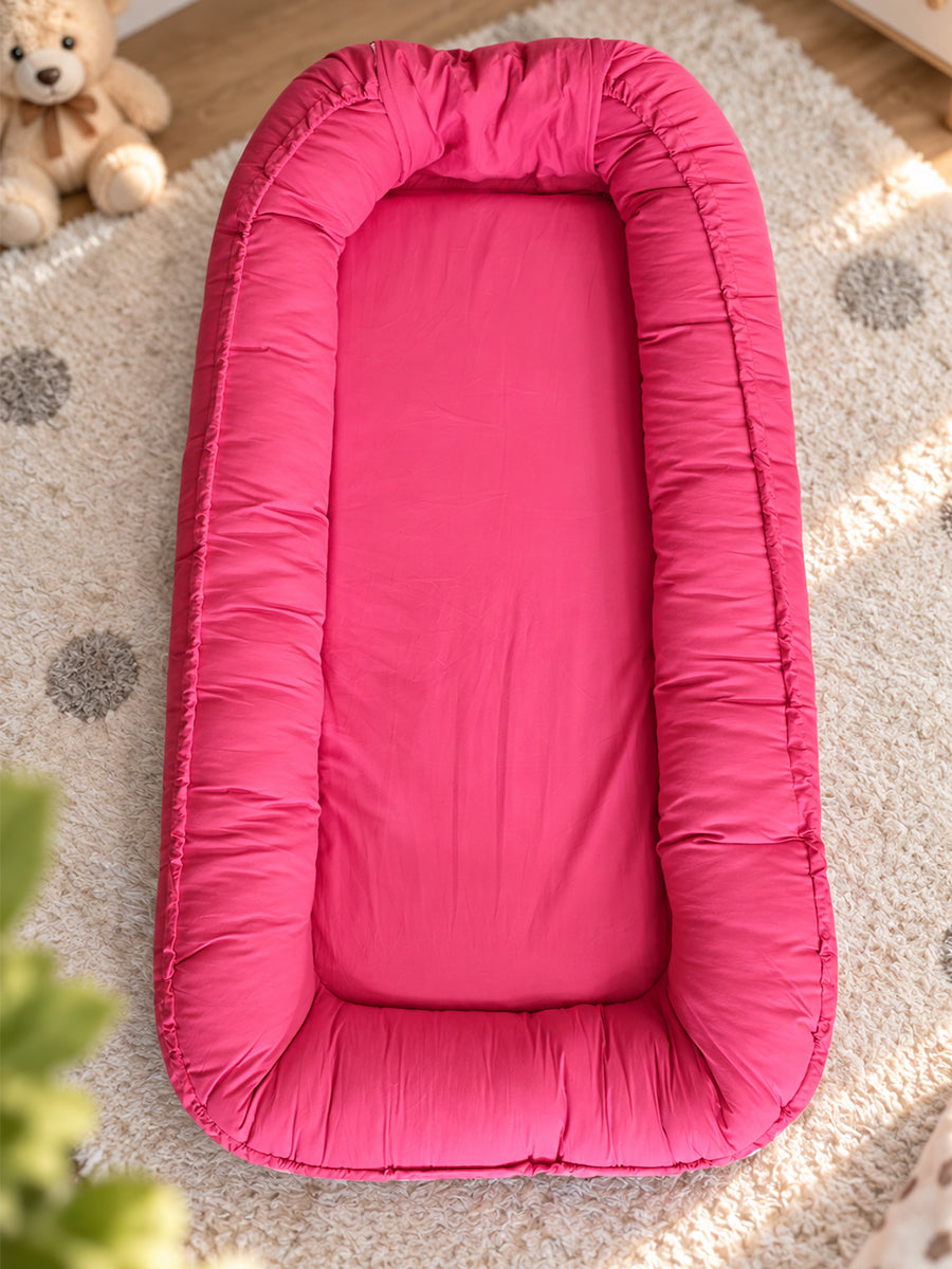 Premium Organic Cotton Multipurpose Baby Nest –  Newborn Baby Lounger & Baby Bed | Raspberry Pink | Ziva Collected | Carefully Selected for Your Little One