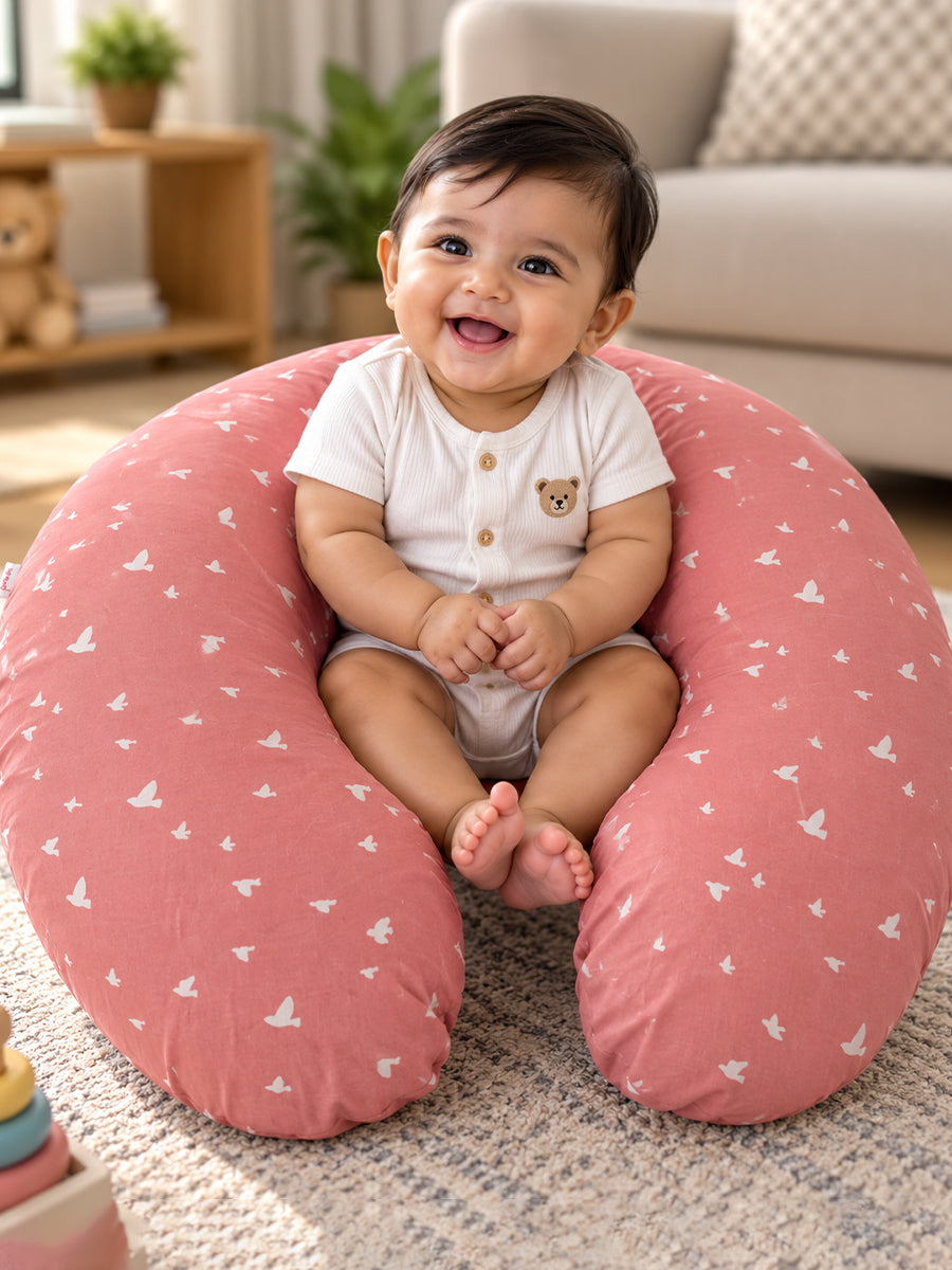 Ziva Multipurpose Feeding Pillow – White with Warm Beige Bird Print | 100% Cotton Cover | Removable & Washable