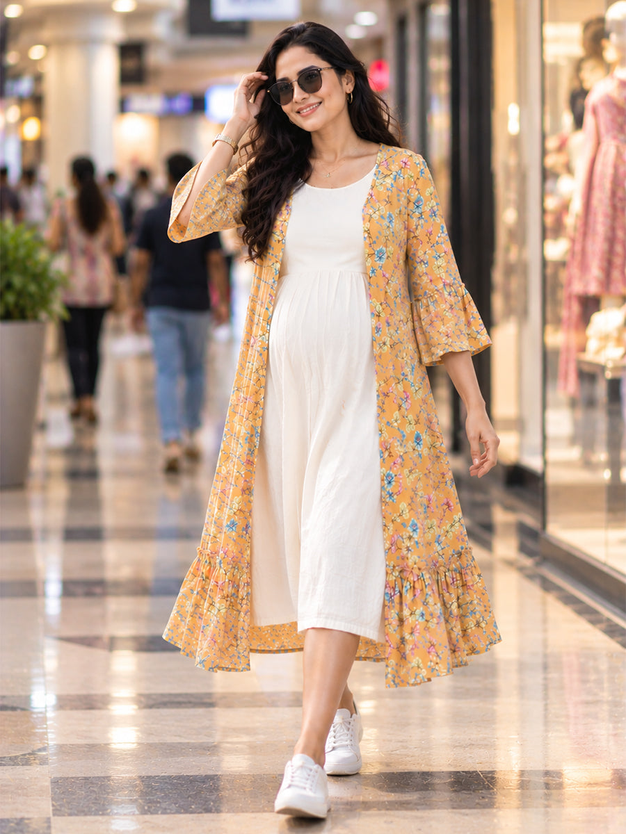 Ziva Premium Rayon Maternity & Feeding Dress with Sleeveless Inner & Floral Tie-Up Long Jacket with side pocket – Off-White & Peach Orange Multicolour Floral