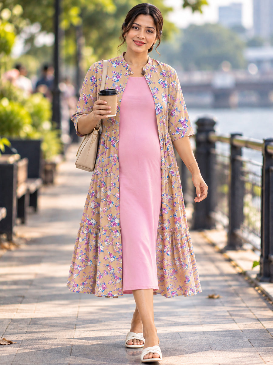 Ziva Maternity & Feeding Sleeveless Dress with Versatile Floral Tiered Jacket – 3 Ways to Wear | Soft Lavender Pink & Warm Sand Beige Floral