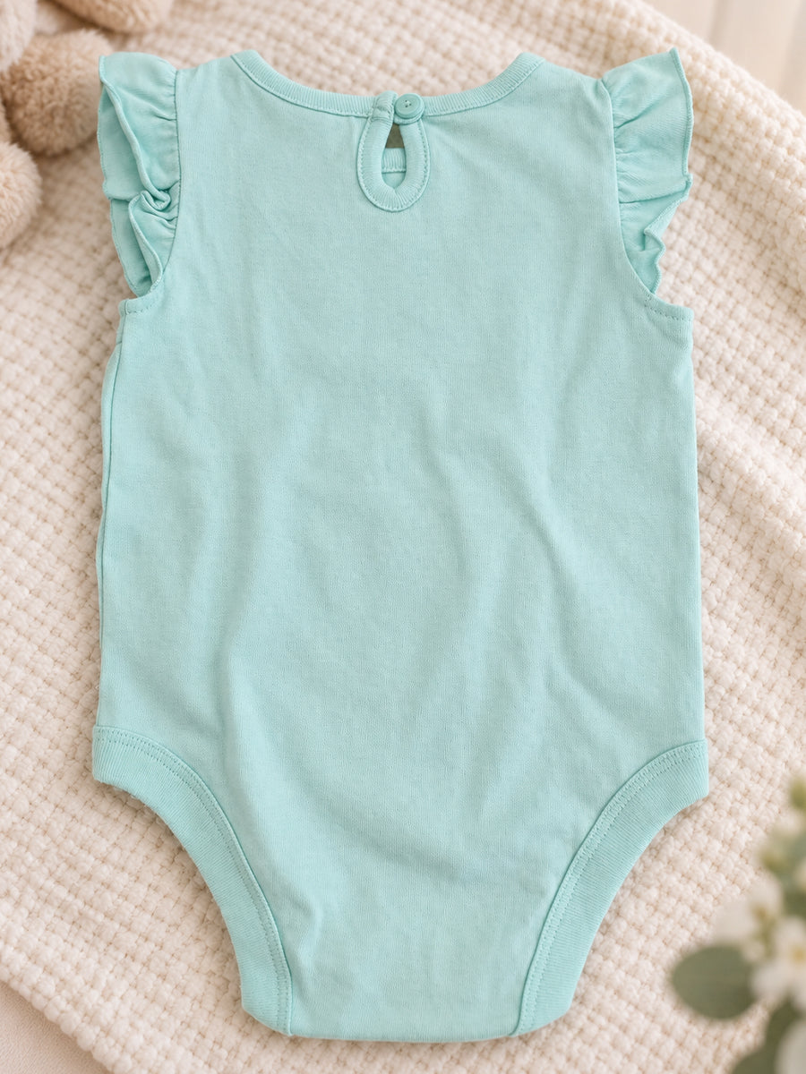 Baby Girls Knitted Cotton Fruit Embroidery Romper – Mint Green | Flutter Sleeves | Bottom Press-Button Opening |Ziva Collected | Carefully Selected for Your Little One