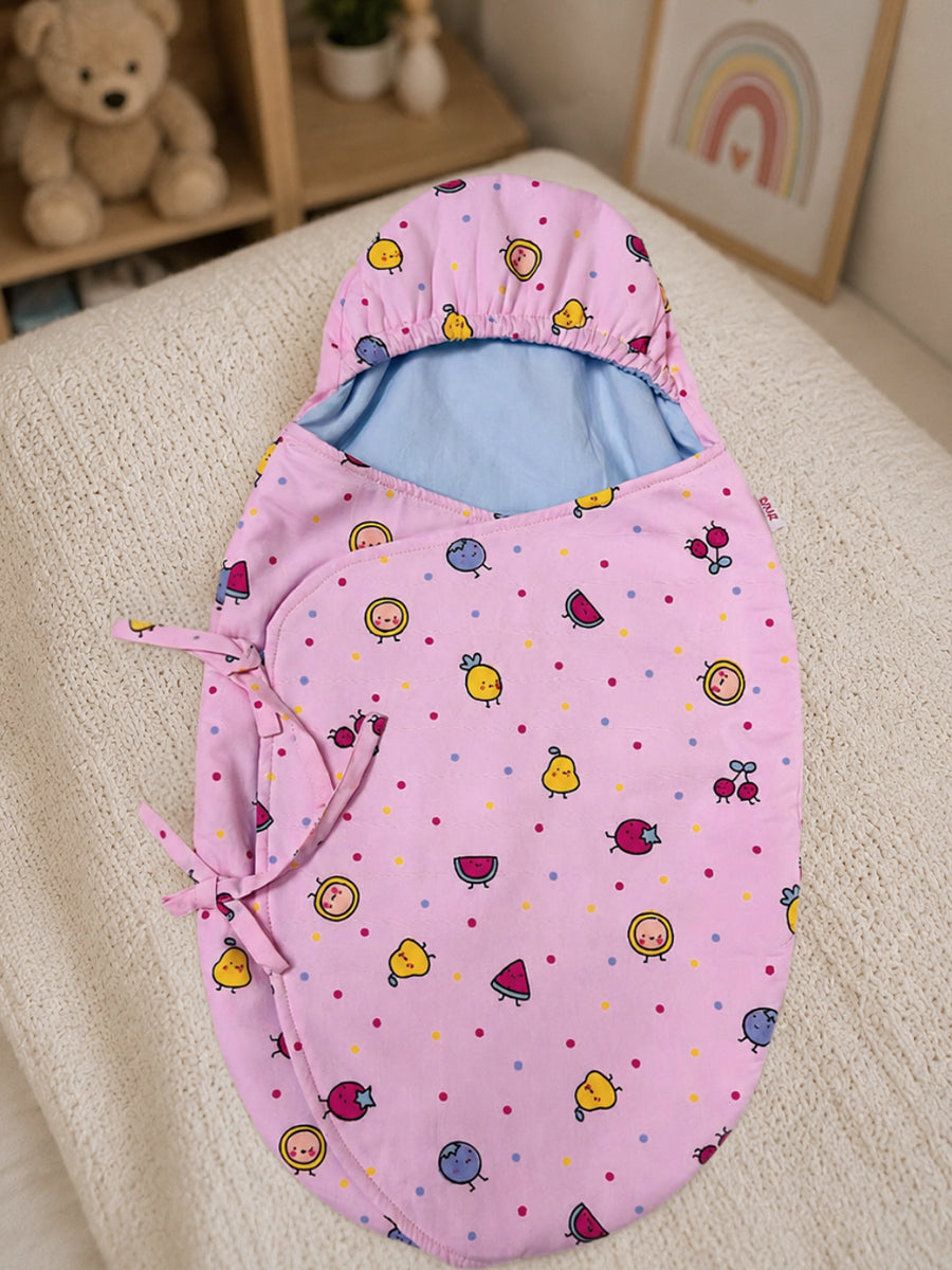 Ziva Cotton Baby Egg Wrap with Hood | Adjustable Side Tie | Double Shade | Baby Pink with Powder Blue | Hooded Baby Wrapper