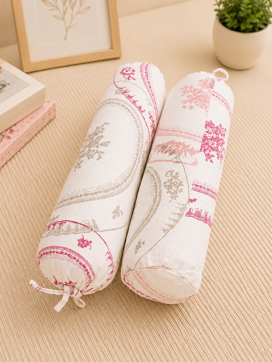 Ziva Baby Side Pillow (Bolster Pillow) | Multipurpose | Cotton Cover | Vintage Rose Medallion Print
