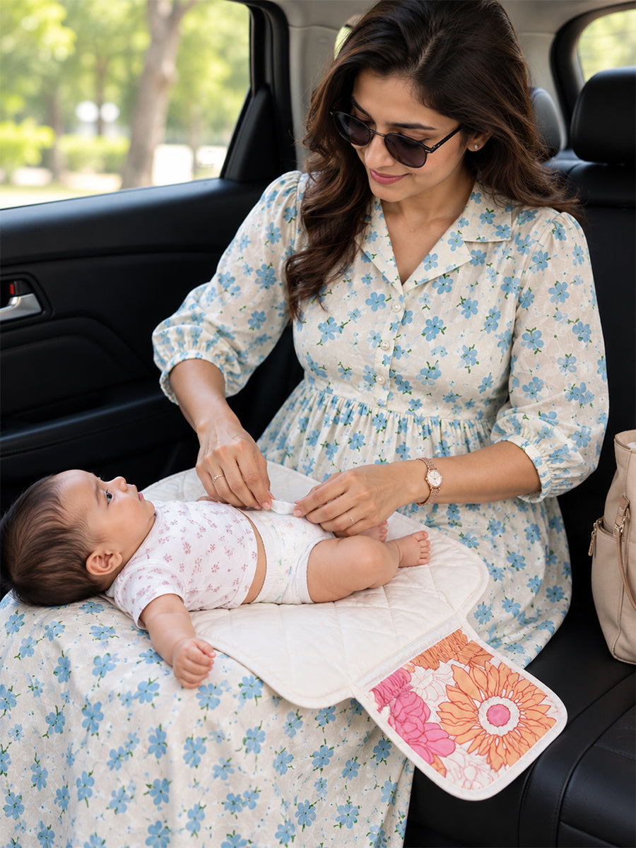 Ziva Baby Nappy & Diaper Changing Sheet – Foldable Travel Changing Mat with Storage Pocket | Pink & Peach Floral Print