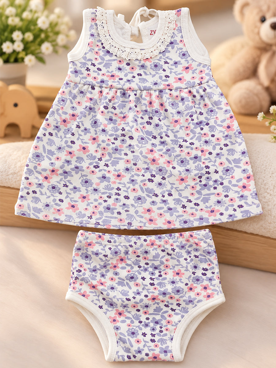 Ziva Baby Girl Frock with Pantie – Pink & Purple Floral Print | Premium Knitted Cotton | Crochet Lace Yoke & Back Knot Tie | 2-Piece Set