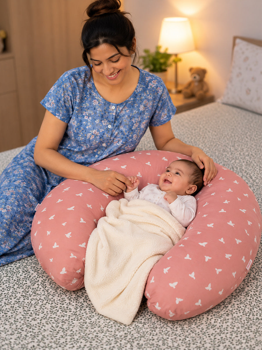 Ziva Multipurpose Feeding Pillow – White with Warm Beige Bird Print | 100% Cotton Cover | Removable & Washable