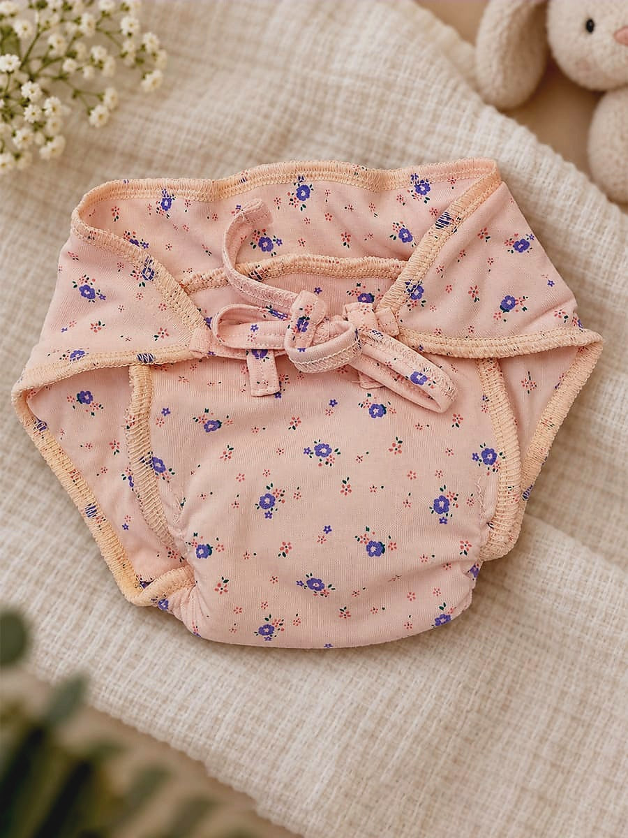 Ziva Newborn Knitted Cotton Front Open Tie Jabla with Tie Nappy – Blush Pink Tiny Floral Print | 1 Jabla + 1 Nappy