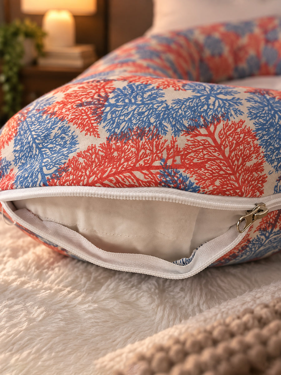 Ziva Multipurpose Pregnancy Pillow / Maternity Pillow / Body Pillow – U Shape – Red & Blue Leaf Print | 100% Cotton
