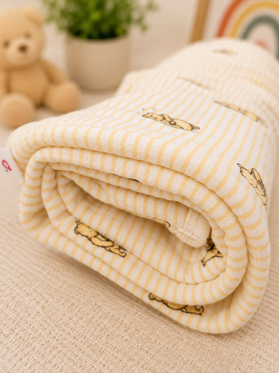 Ziva Premium Quilted Hooded Baby Towel | Off White & Light Yellow | Classic Winnie the Pooh Print | Soft, Absorbent & Quick Dry