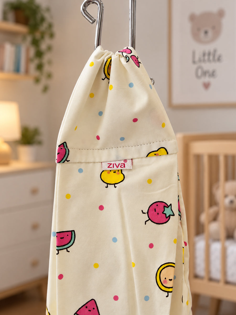 Ziva Baby Cradle – Fruity Friends Cream | Premium Cotton Cloth Cradle with Mosquito Net, Hanger & S-Hook