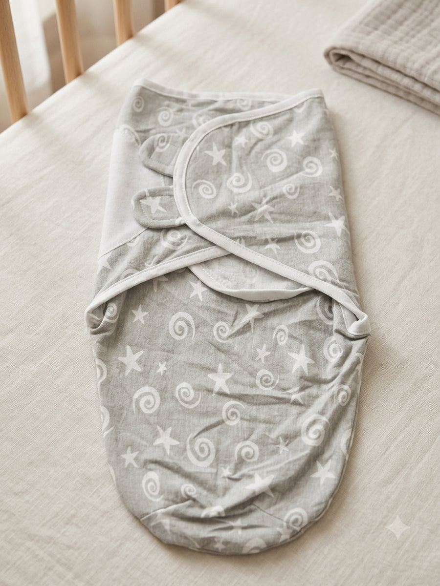 Baby Knitted Cotton Velcro Swaddle – Grey with White Star & Swirl Print | Adjustable Velcro Closure | Ziva Collected | Carefully Selected for Your Little One