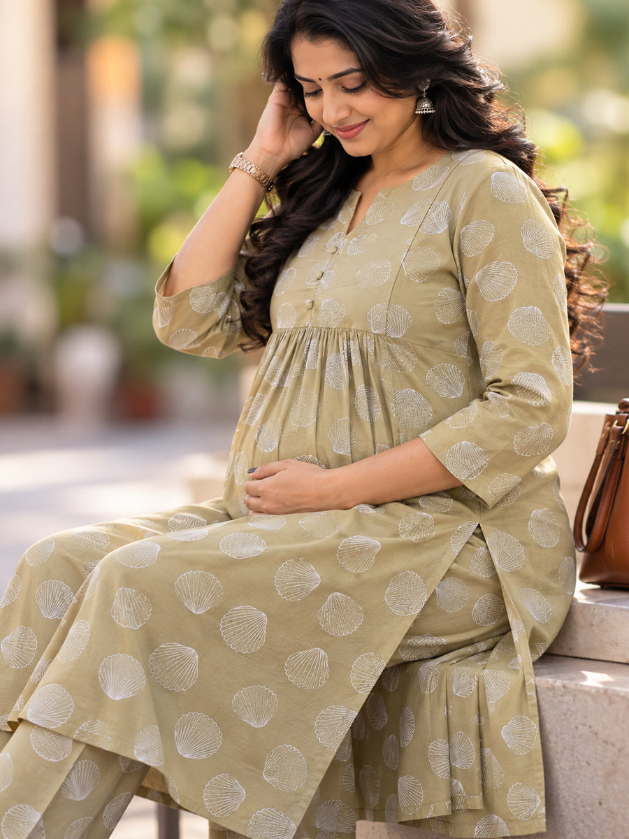 Ziva Maternity & Feeding Cotton Co-ord Set with Side Zips & Pockets – Khaki Beige Seashell Print