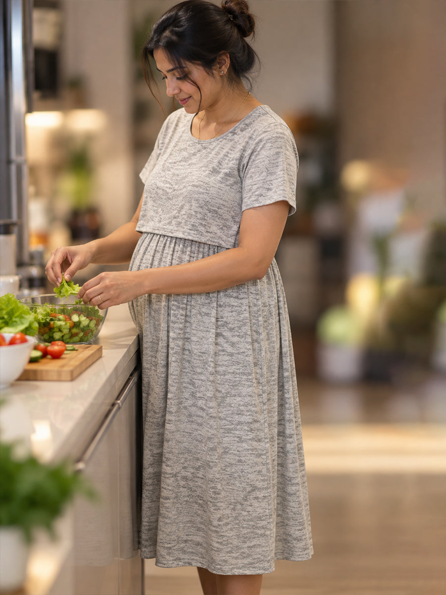 Ziva Zipless Maternity & Feeding Knitted Dress with Adjustable Waist Tie & Side Pocket | Light Grey Mélange