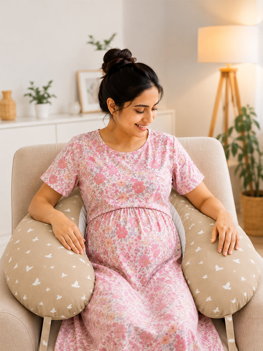 Ziva Multipurpose Feeding Pillow – Warm Beige & White with Reversible Bird Print | 100% Cotton Cover | Removable & Washable