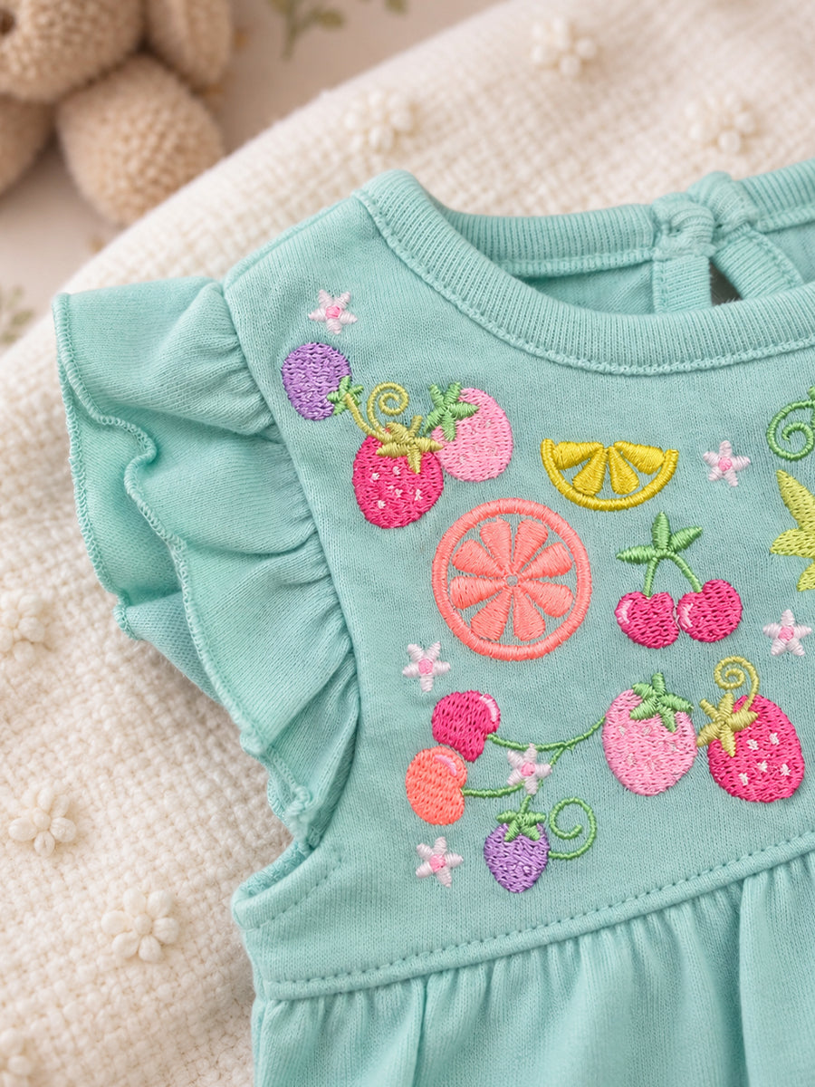Baby Girls Knitted Cotton Fruit Embroidery Romper – Mint Green | Flutter Sleeves | Bottom Press-Button Opening |Ziva Collected | Carefully Selected for Your Little One