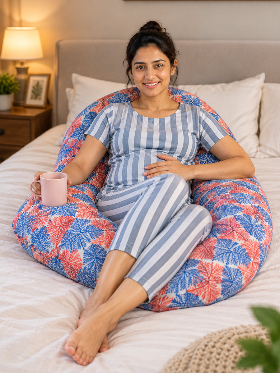 Ziva Multipurpose Pregnancy Pillow / Maternity Pillow / Body Pillow – 9 Shape (C Shape) – Red & Blue Botanical Print | 100% Cotton