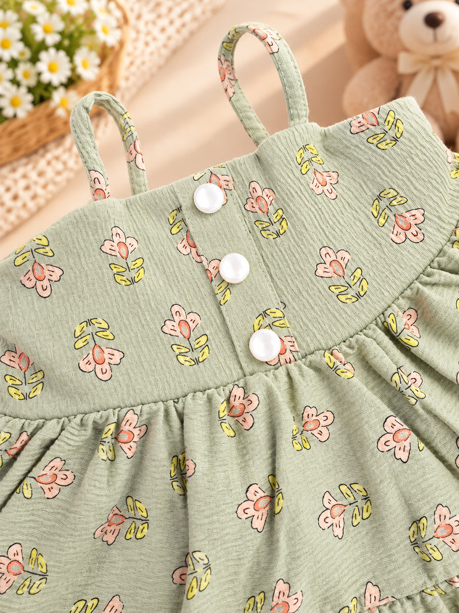 Ziva Baby Girl Strappy Frock with Pantie – Sage Green Floral Print | Premium Knitted Cotton | Layered Frill & Front Buttons | 2-Piece Set