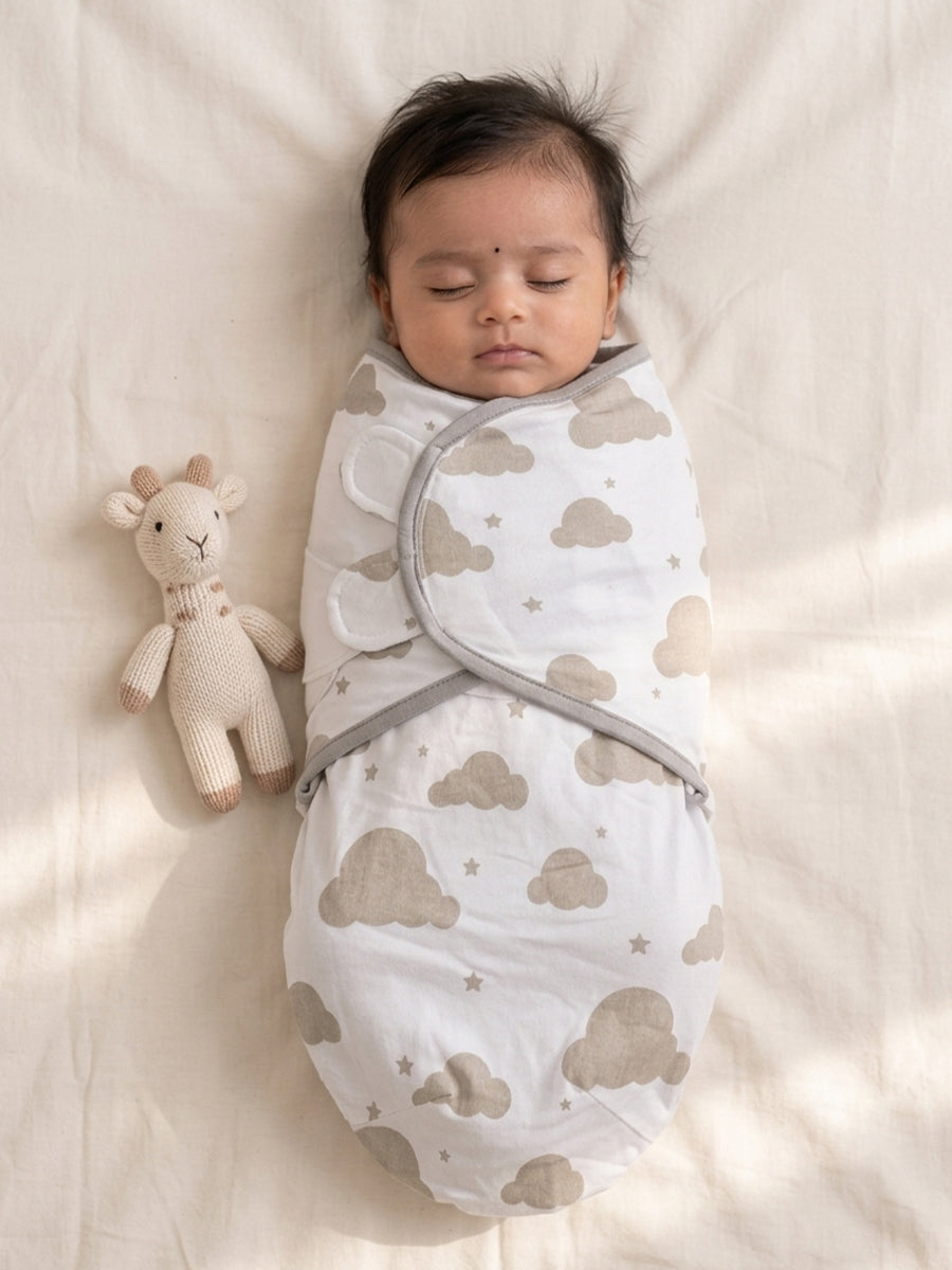 Baby Knitted Cotton Velcro Swaddle – White with Beige Cloud & Star Print | Adjustable Velcro Closure | Ziva Collected | Carefully Selected for Your Little One