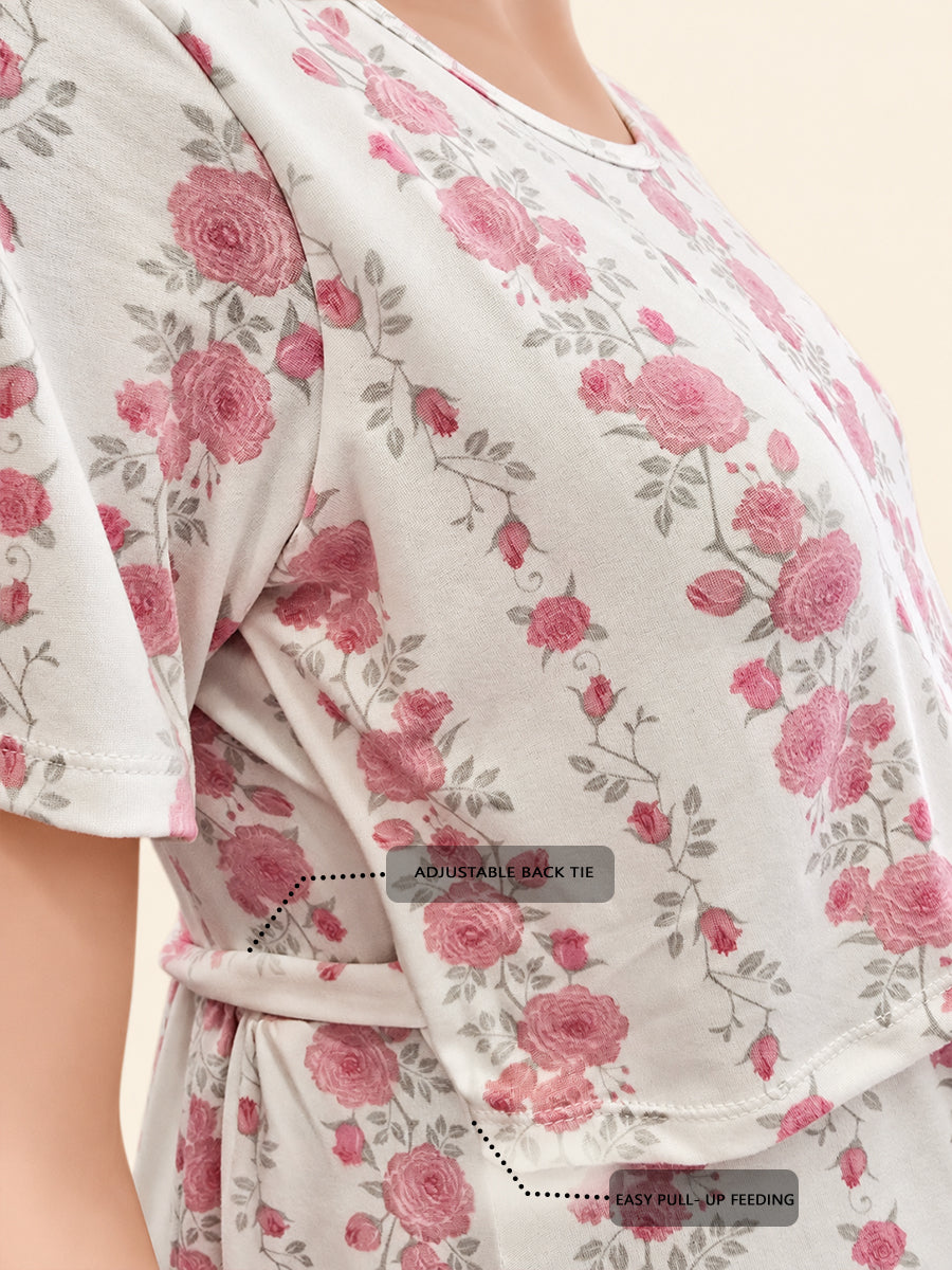 Ziva Zipless Maternity & Feeding Knitted Dress with Adjustable Waist Tie & Side Pocket | Soft Off-White Dusty Rose Floral Print