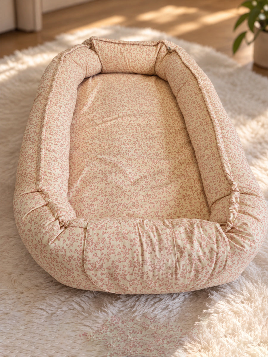 Premium Organic Cotton Baby Nest – Newborn Baby Lounger & Baby Bed | Peach Floral Vine Print |Ziva Collected | Carefully Selected for Your Little One